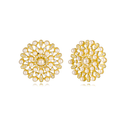 Sterling Silver Gold Plated Pearl And CZ Design Stud Earrings