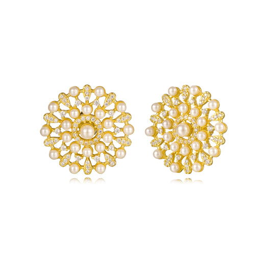 Sterling Silver Gold Plated Pearl And CZ Design Stud Earrings
