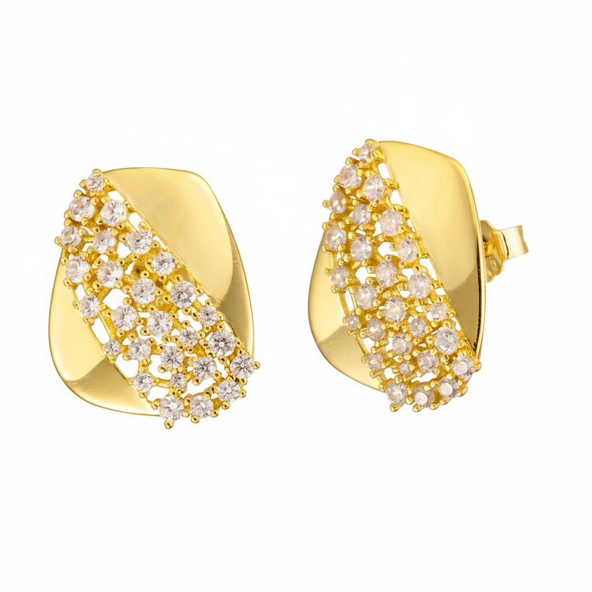 Sterling Silver Gold Plated Rectangular Shaped With CZ Stud Earrings