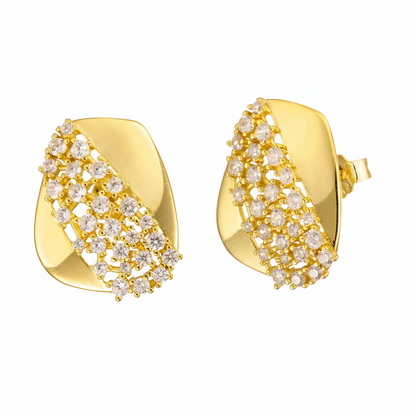 Sterling Silver Gold Plated Rectangular Shaped With CZ Stud Earrings