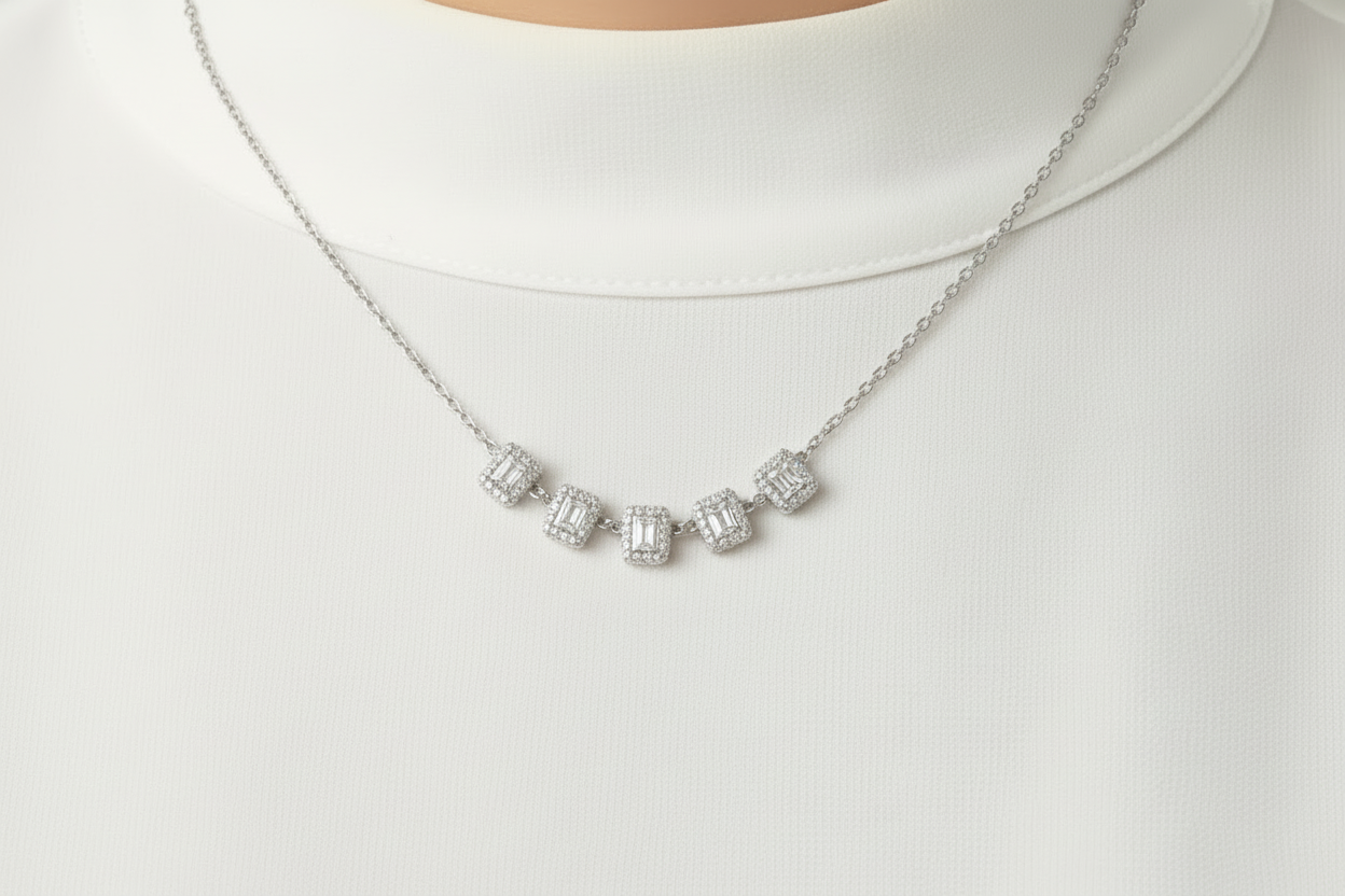 Sterling Silver 5 Halo Emerald Cut Stone Bar Necklace