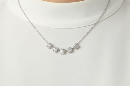 Sterling Silver 5 Halo Emerald Cut Stone Bar Necklace