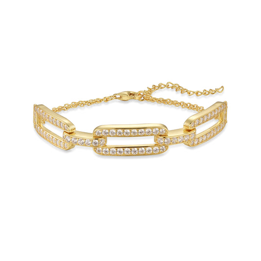 Sterling Silver Gold Plated CZ Paperclip on Double Chain Bracelet
