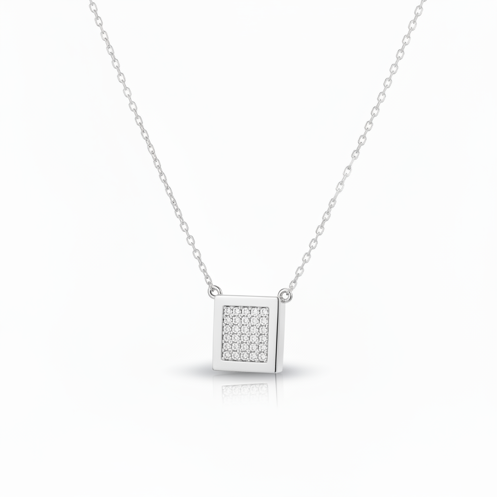 Gold Plated Sterling Silver Pave Cubic Zirconia Square Pendant Necklace