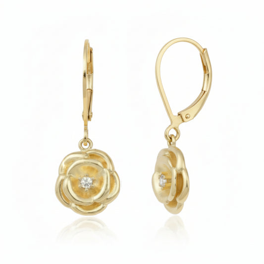 Gold Plated Surgical Steel Rose Flower CZ Stud Earrings