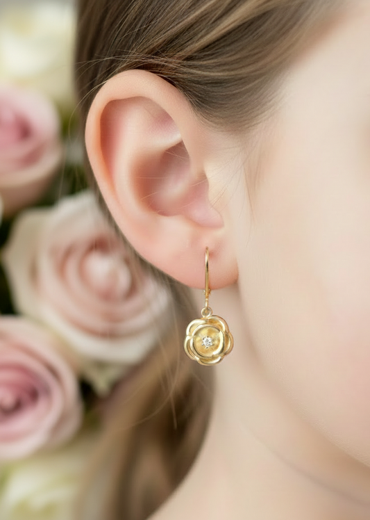 Gold Plated Surgical Steel Rose Flower CZ Stud Earrings