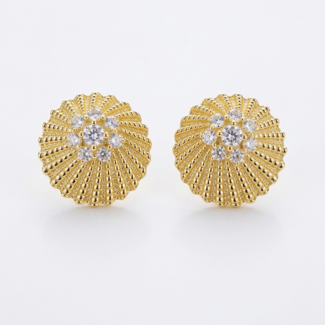 Sterling Silver Gold Plated Ribbed With Center CZ's Stud Earrings