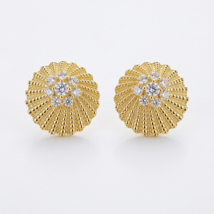 Sterling Silver Gold Plated Ribbed With Center CZ's Stud Earrings