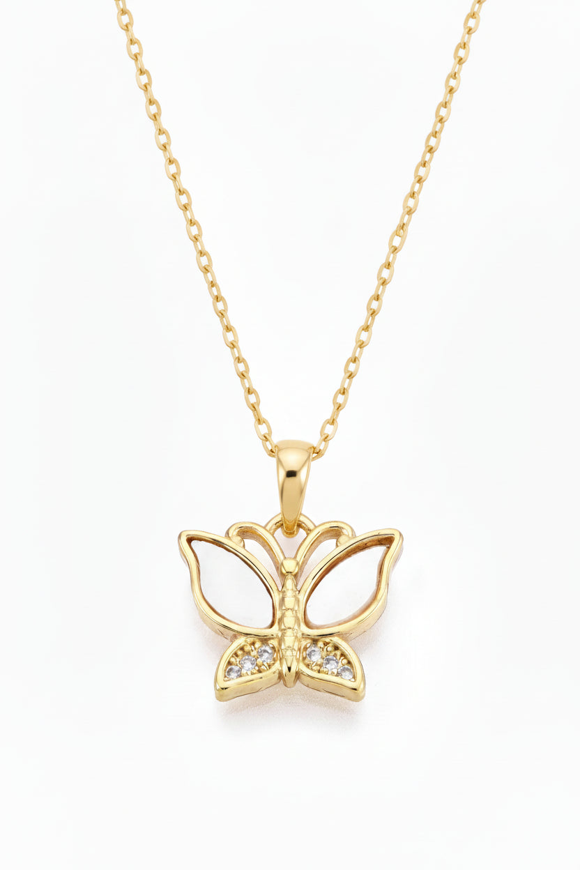Gold Plated Shell Pearl and CZ Butterfly Pendant Necklace