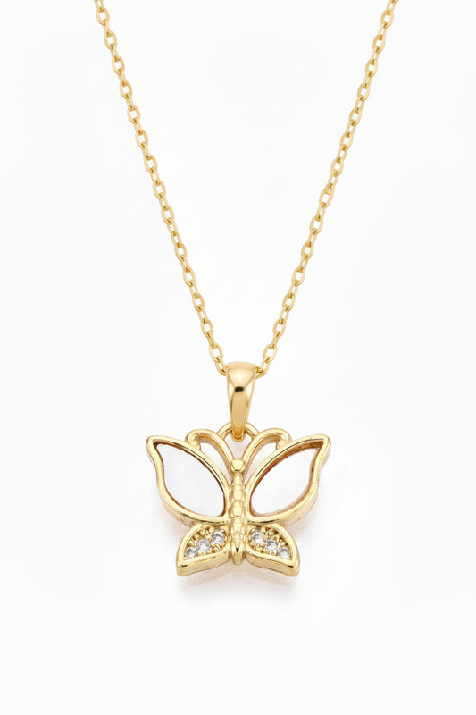 Gold Plated Shell Pearl and CZ Butterfly Pendant Necklace