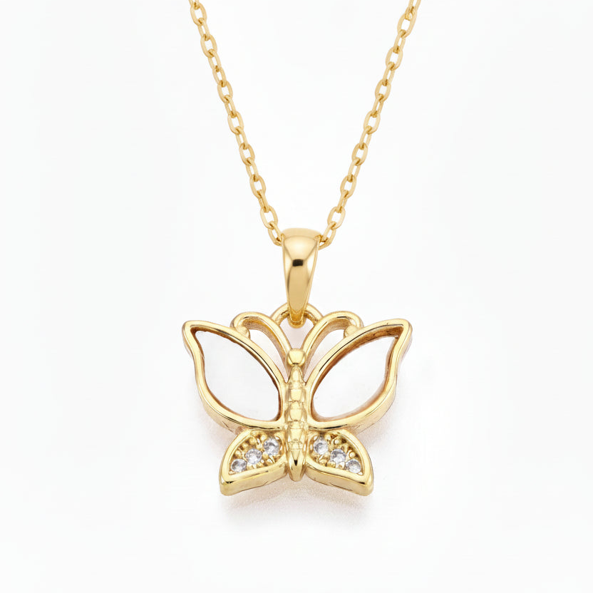 Gold Plated Shell Pearl and CZ Butterfly Pendant Necklace
