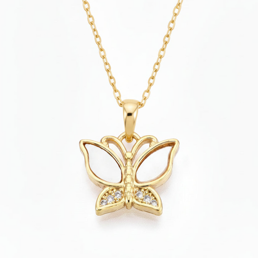 Gold Plated Shell Pearl and CZ Butterfly Pendant Necklace