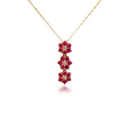 10k Gold Three Diamond and Created Ruby Flower Pendant Necklace