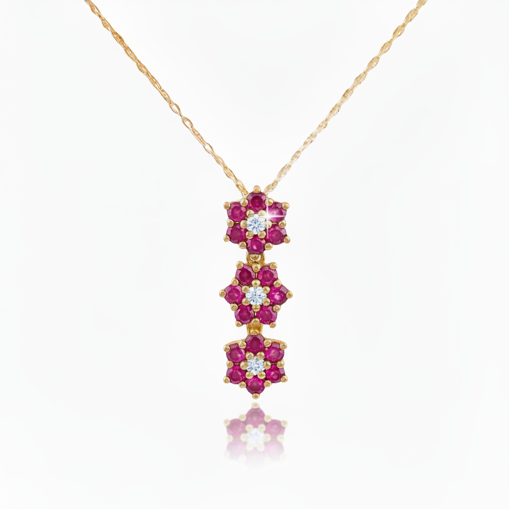 10k Gold Three Diamond and Created Ruby Flower Pendant Necklace