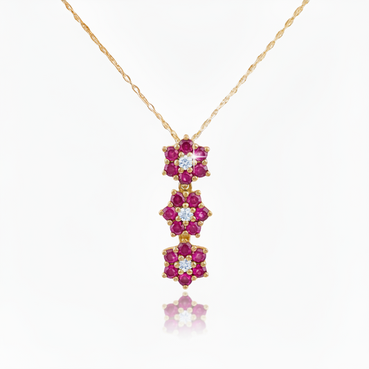 10k Gold Three Diamond and Created Ruby Flower Pendant Necklace