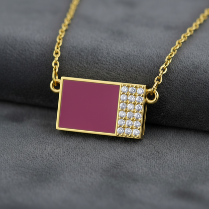 Sterling Silver Rectangular Pendant Necklace - Dark Pink Enamel Square & CZ
