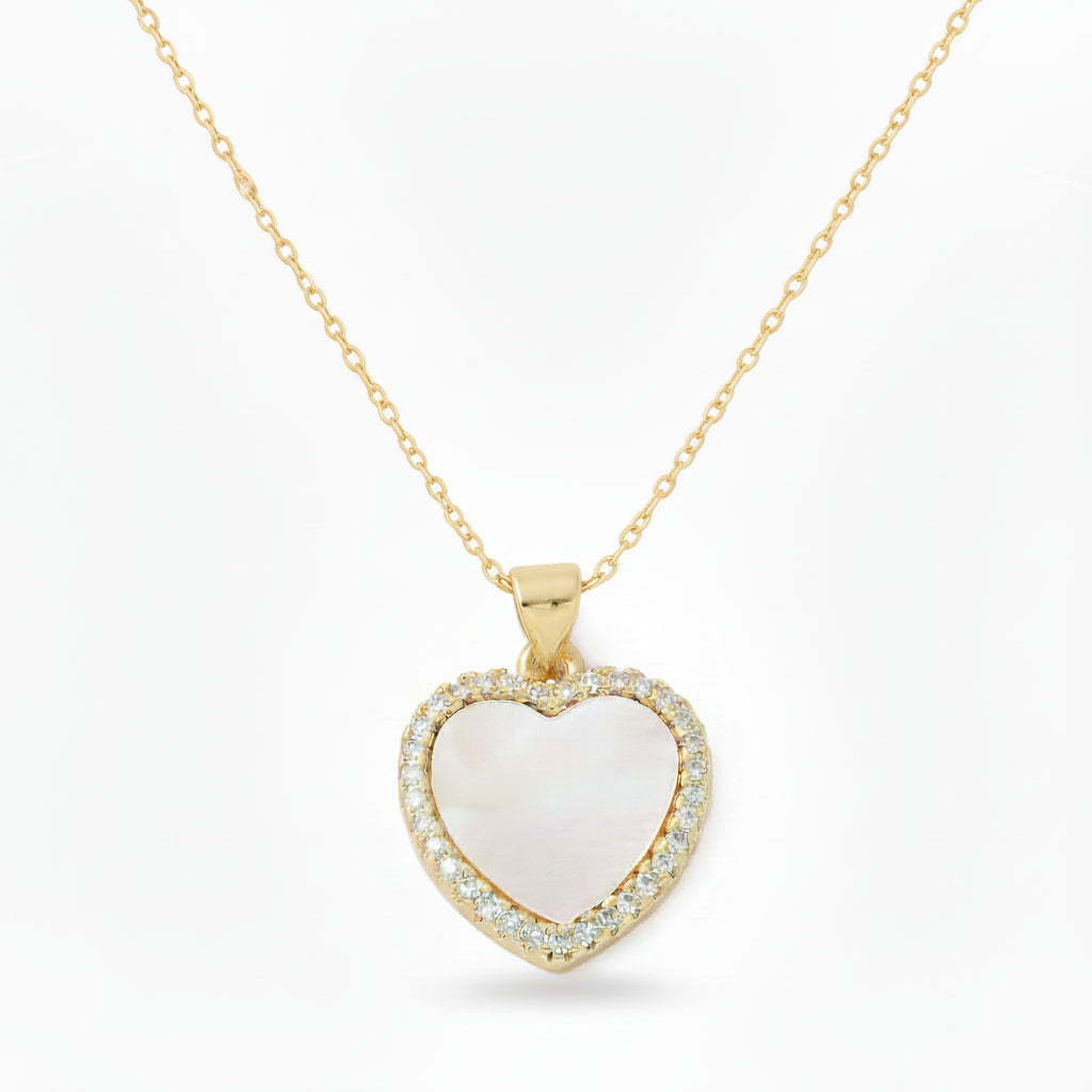 Gold Plated Shell Pearl and CZ Heart Pendant Necklace - 15.5mm