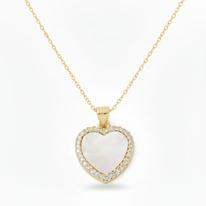 Gold Plated Shell Pearl and CZ Heart Pendant Necklace - 15.5mm