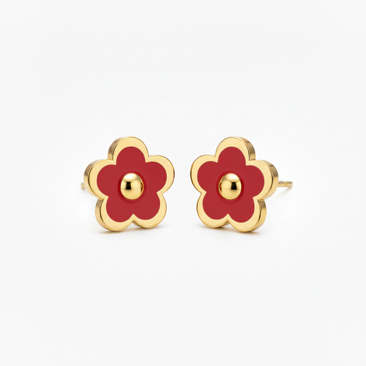 Gold-Plated Enamel Flower Stud Earrings with Center Circle - Hypoallergenic Surgical Steel Kids