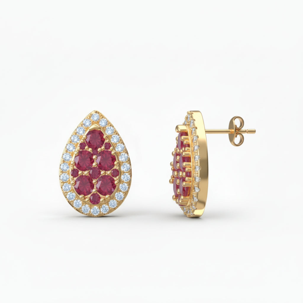 Sterling Silver Pear-Shaped Stud Earrings with Nano Ruby and CZ Border
