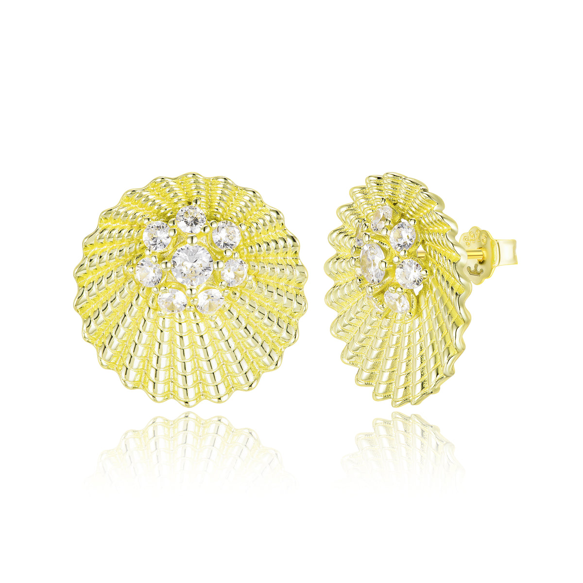 Sterling Silver Gold Plated Ribbed With Center CZs Stud Earrings