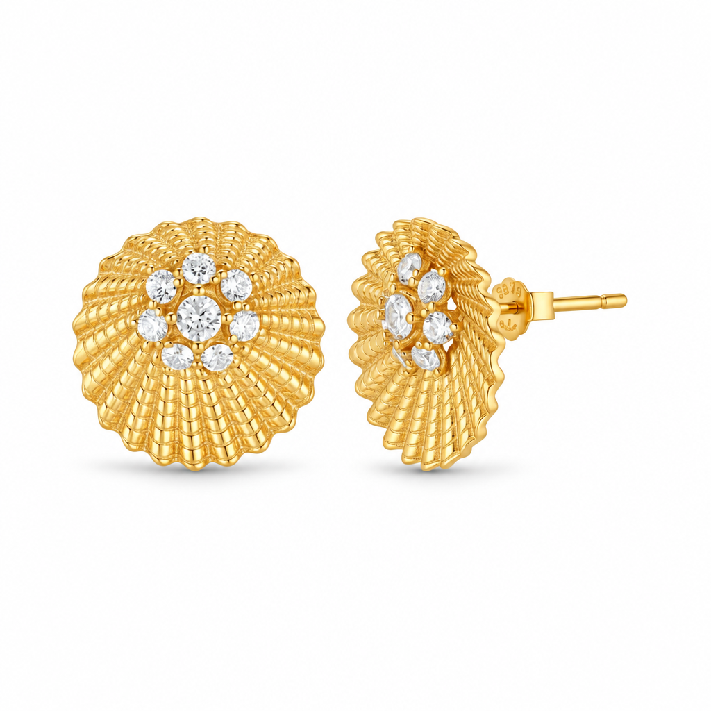 Sterling Silver Gold Plated Ribbed With Center CZs Stud Earrings