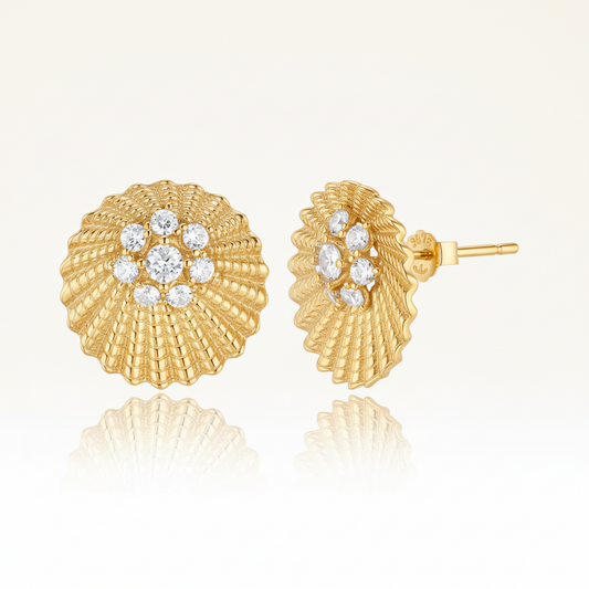 Sterling Silver Gold Plated Ribbed With Center CZs Stud Earrings