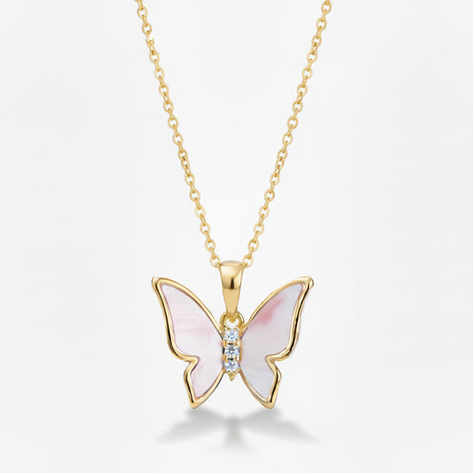 Gold Plated Shell Pearl Butterfly Pendant Necklace