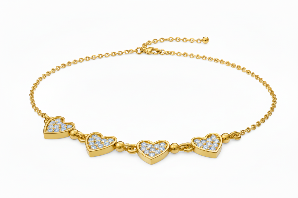 Gold Plated Sterling Silver Four Heart Micropave CZ Necklace