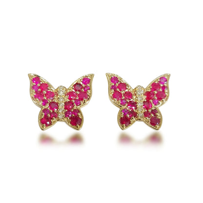 14k Gold Ruby and Diamond Butterfly Stud Earrings