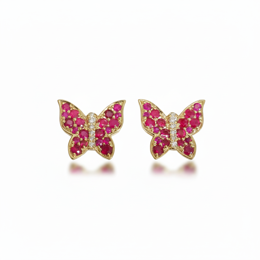 14k Gold Ruby and Diamond Butterfly Stud Earrings