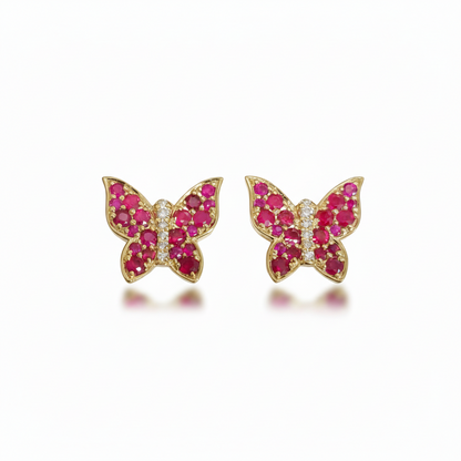 14k Gold Ruby and Diamond Butterfly Stud Earrings