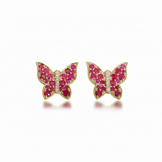 14k Gold Ruby and Diamond Butterfly Stud Earrings