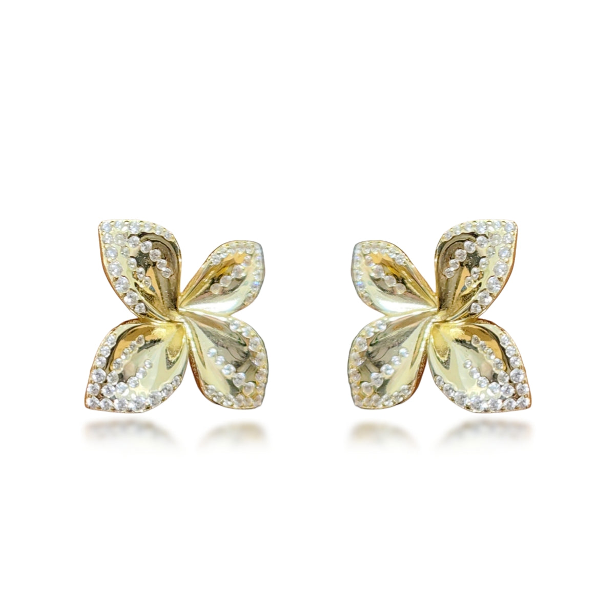 Sterling Silver Gold Plated Four Petal With CZ Stud Earrings