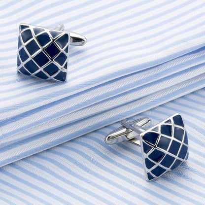 Silver Color Square Cufflinks with Blue Enamel Checkered Design
