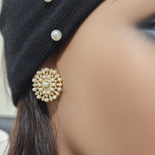 Sterling Silver Gold Plated Pearl And CZ Design Stud Earrings