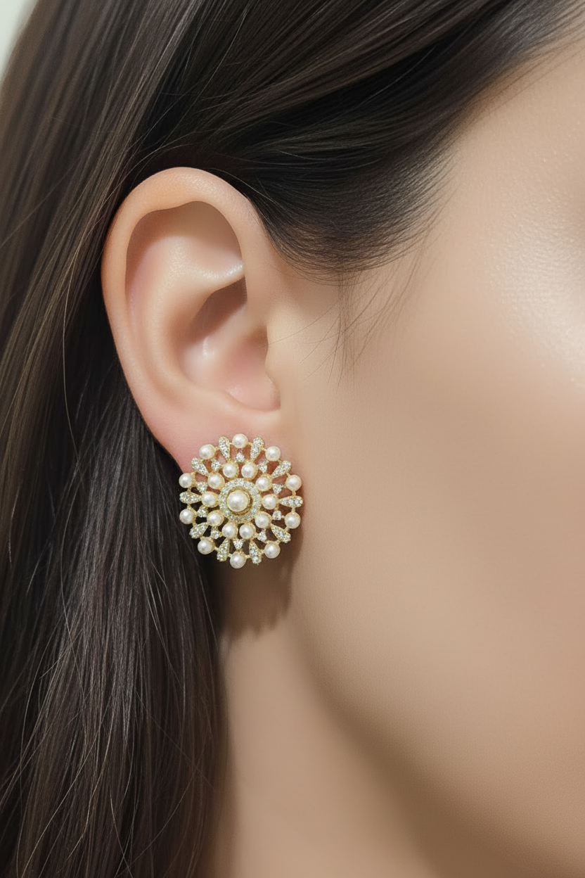 Pearl & CZ Stud Earrings - 18mm Gold Plated Sterling Silver