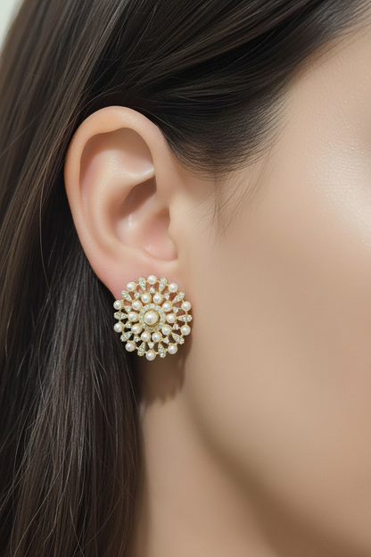 Pearl & CZ Stud Earrings - 18mm Gold Plated Sterling Silver