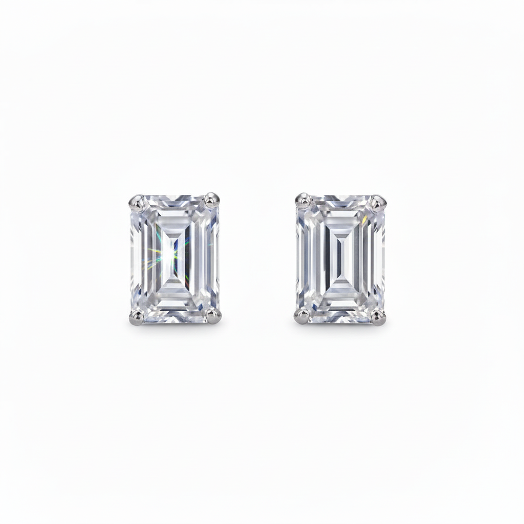 3.16ct Emerald Cut Lab Grown Diamond Solitaire Stud Earrings in 14K Gold