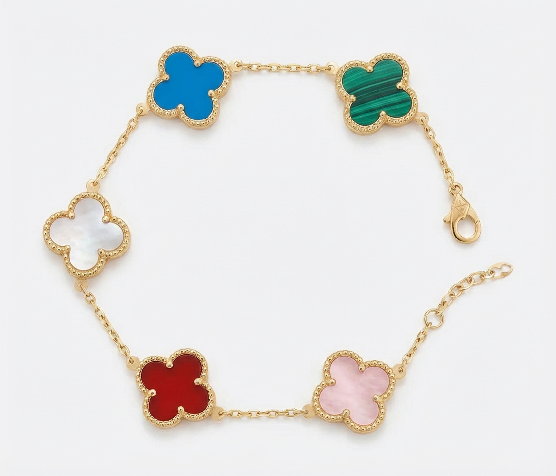 14k Gold Colored With Beaded Border Clover Bracelet