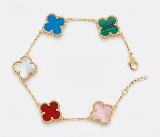 14k Gold Colored With Beaded Border Clover Bracelet