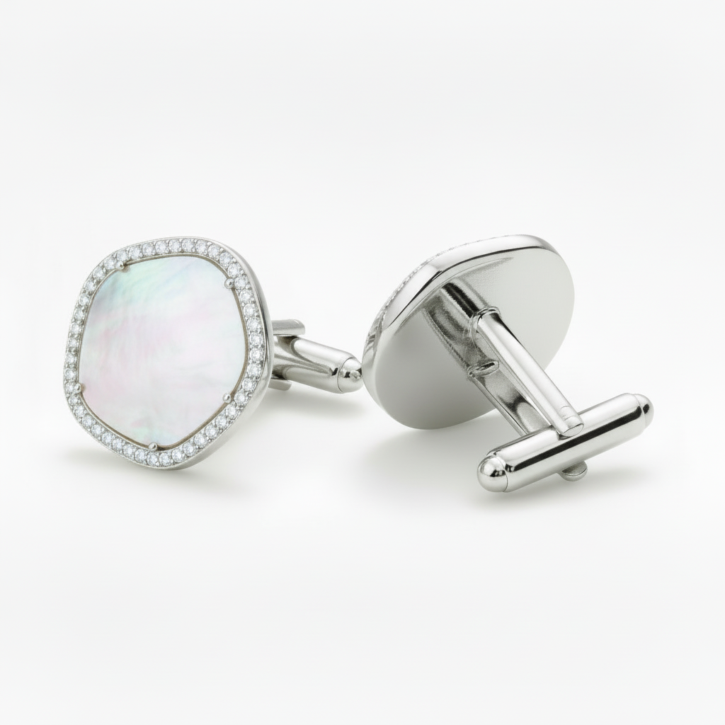 Sterling Silver CZ Border Mother of Pearl 22mm Cufflinks