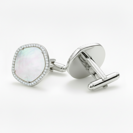 Sterling Silver CZ Border Mother of Pearl 22mm Cufflinks