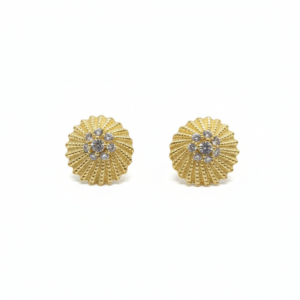 Sterling Silver Gold Plated Ribbed With Center CZ's Stud Earrings