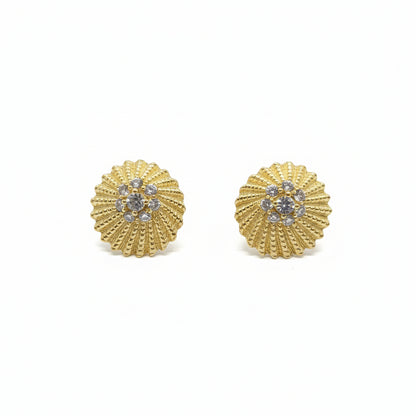 Sterling Silver Gold Plated Ribbed With Center CZ's Stud Earrings