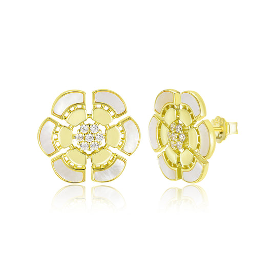 Gold Plated Sterling Silver Mother of Pearl With CZ Stud Earrings
