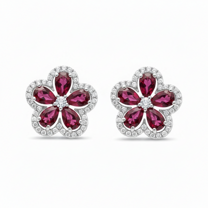 Sterling Silver Colored Cz Flower Stud Earrings