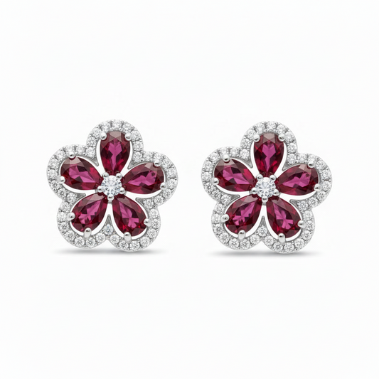 Sterling Silver Colored Cz Flower Stud Earrings
