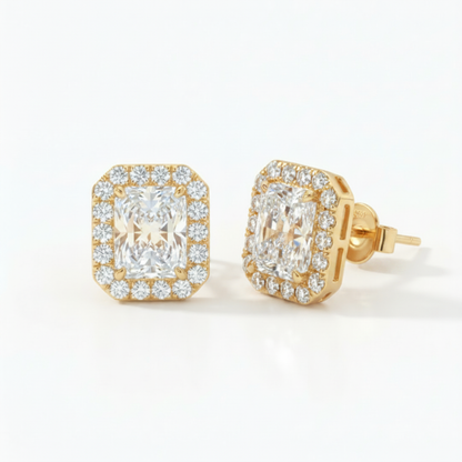 14K Halo CVD Lab Grown Diamond Earrings – Radiant or Emerald Cut | Yellow Gold or White Gold