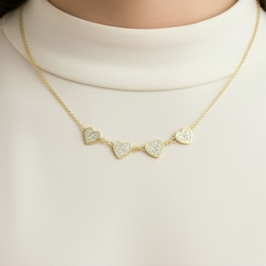 Gold Plated Sterling Silver Four Heart Micropave CZ Necklace